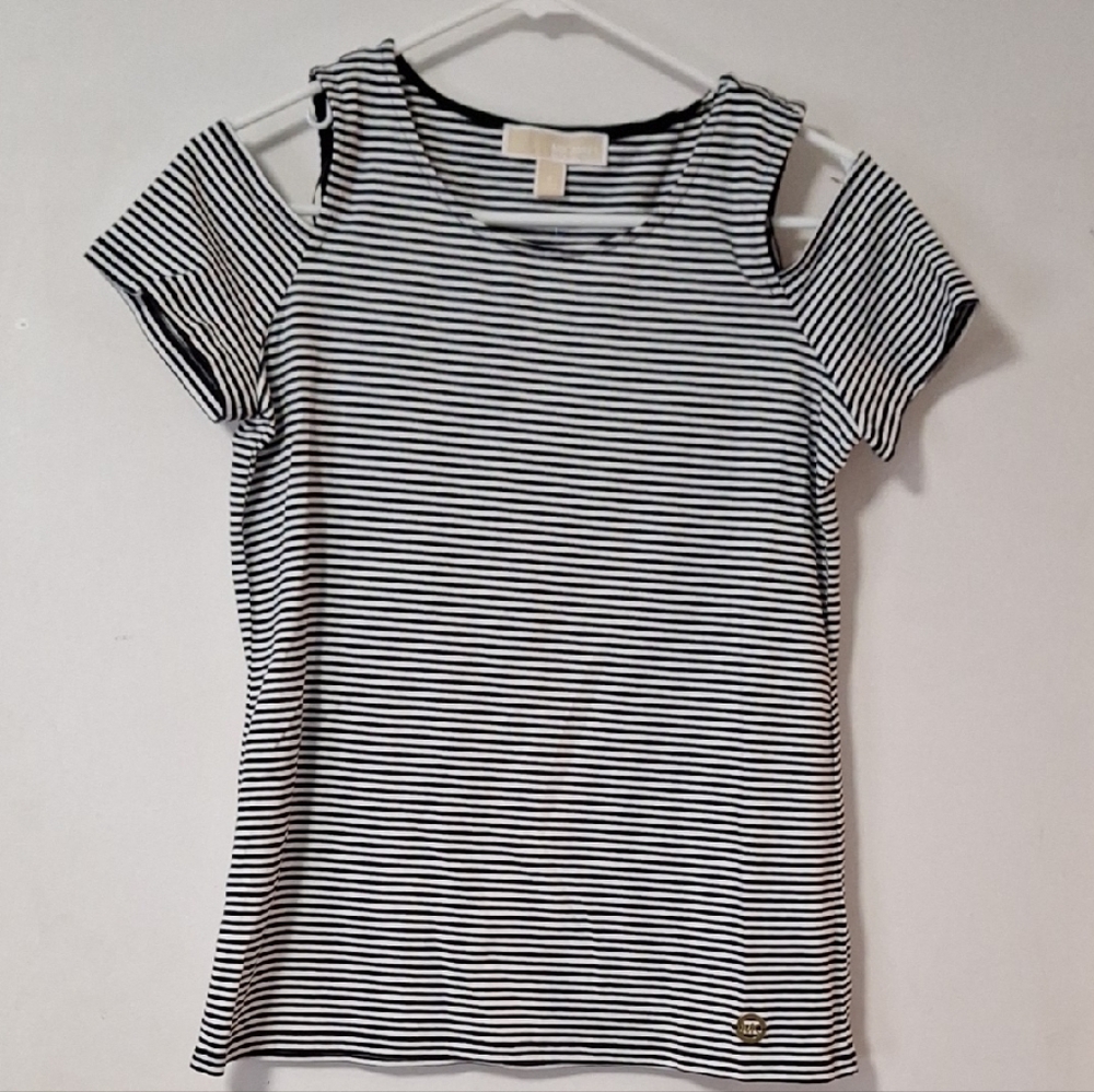 MICHAEL Michael Kors Black and White Striped Cold Shoulder Tee